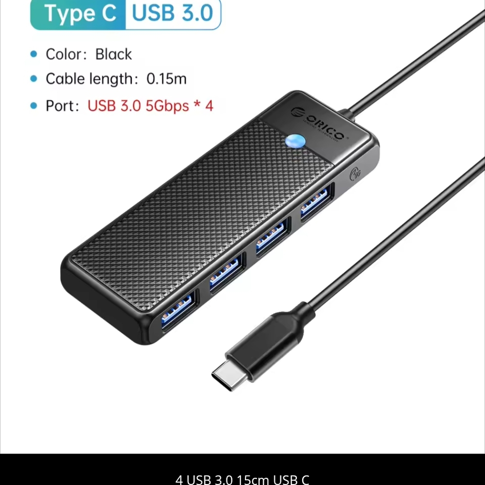 Black USB 3.0 Hub with 4 Ports